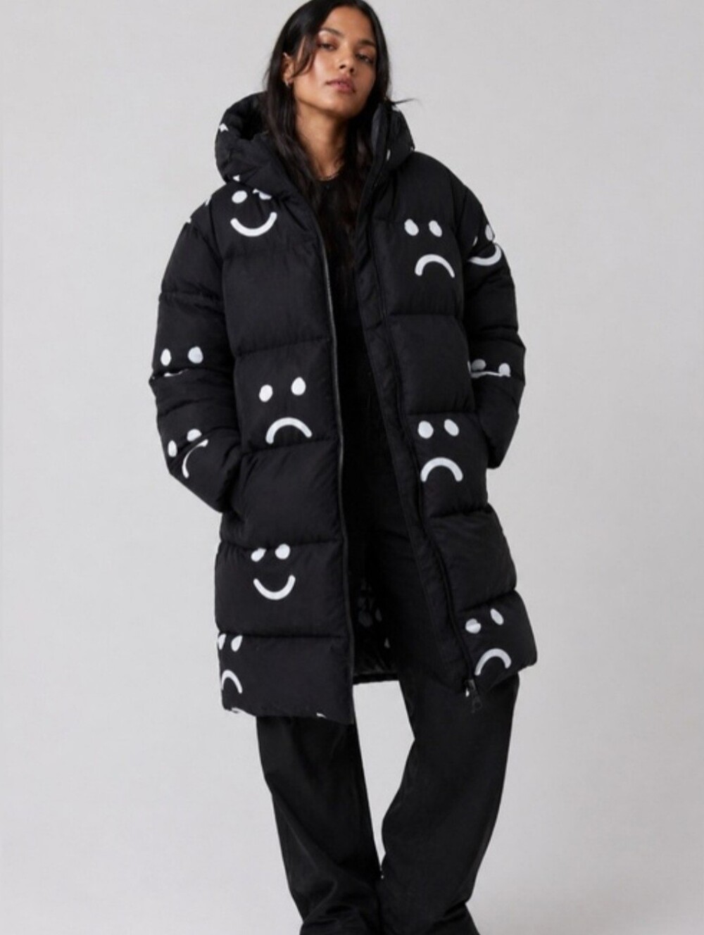 NWT! Lazy Oaf Happy Sad Longline Black Puffer Coat. Size S.  MAKE OFFER!